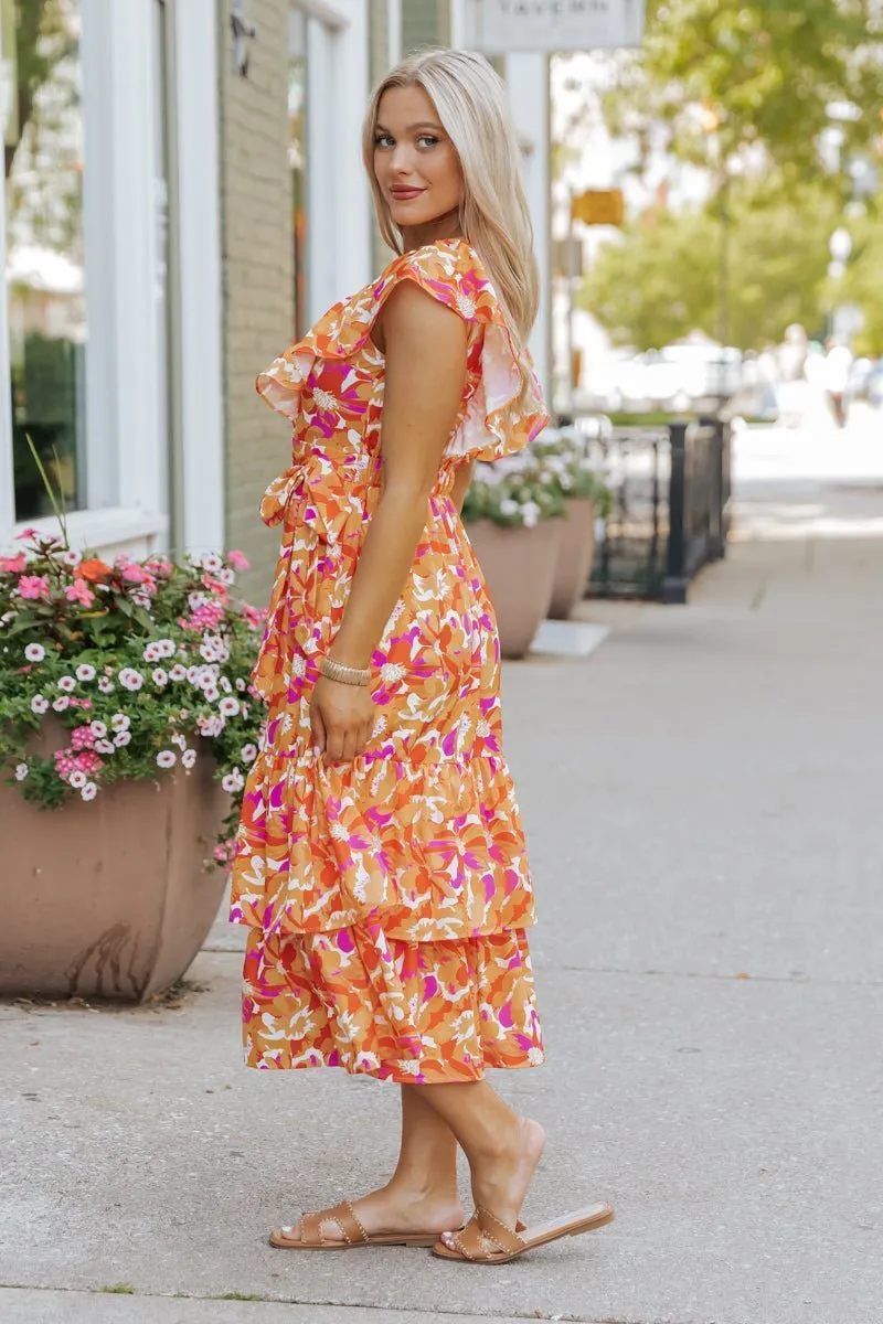 Paradise Peach Floral Tie Midi Dress - FINAL SALE