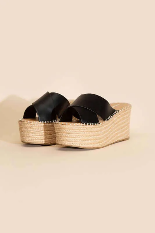 Partner-s Raffia Platform Wedges Slides Sandals