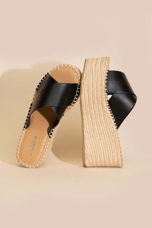 Partner-s Raffia Platform Wedges Slides Sandals