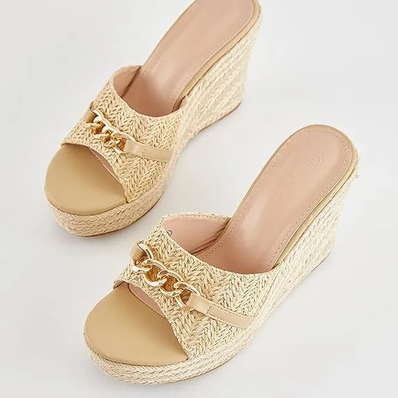 Platform Chain Apricot Open Toe Espadrille Wedge Sandals