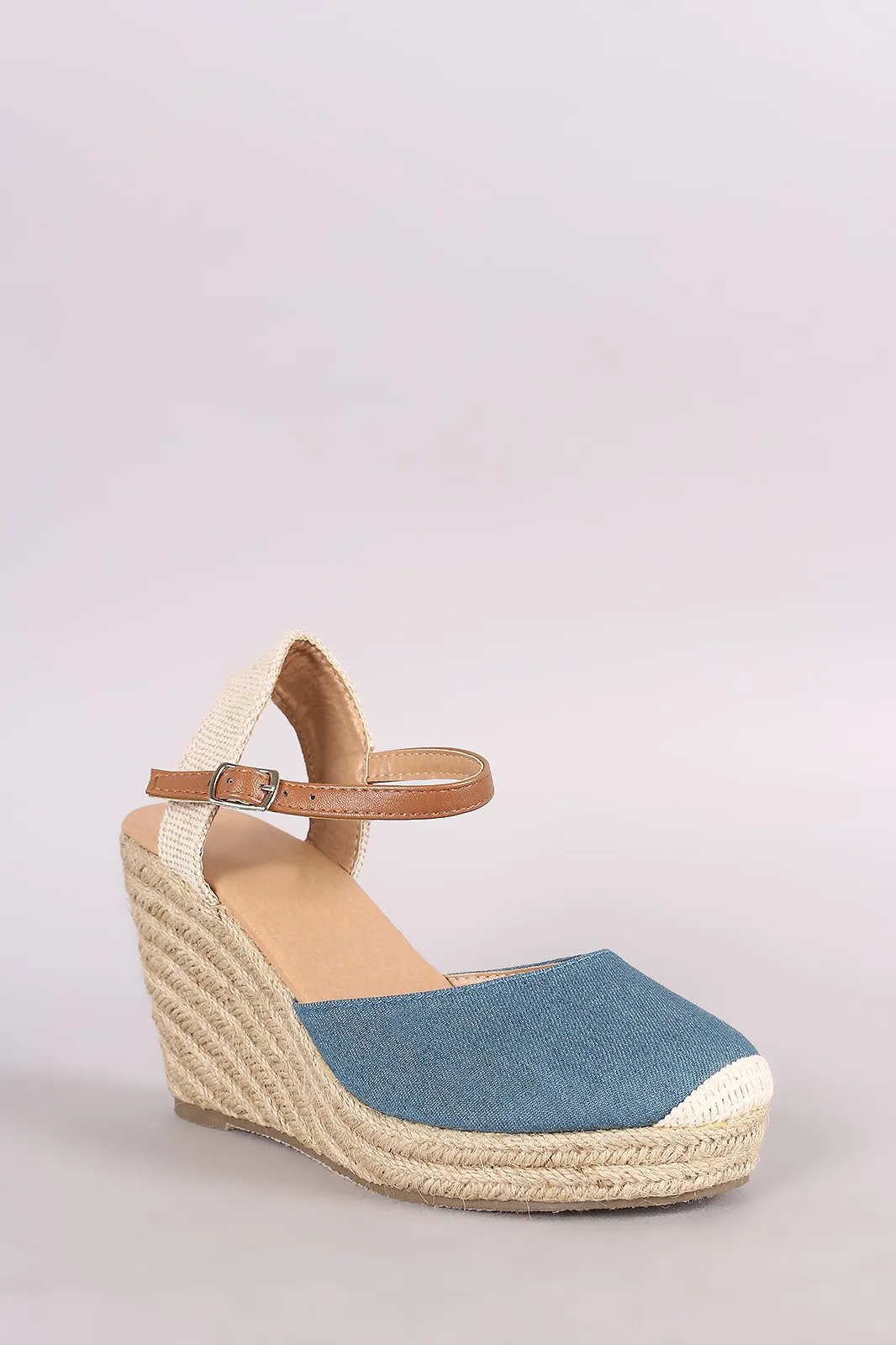 Round Toe Ankle Strap Espadrille Platform Wedge