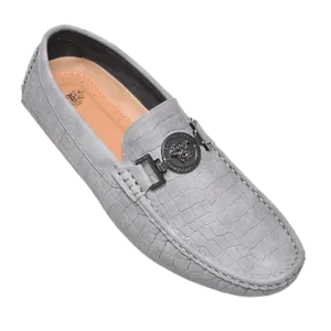 Royal shoes grey loafer men's black printed suede leather with metal buckle