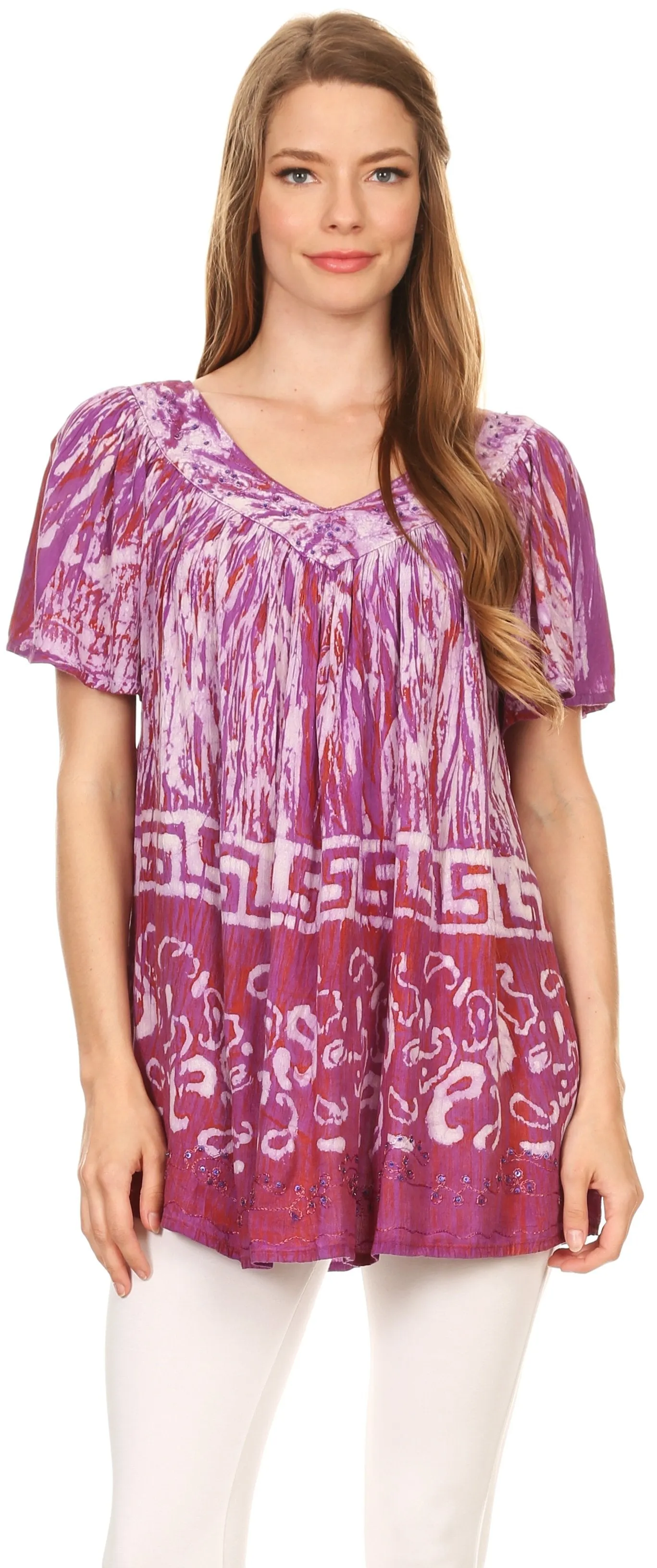 Sakkas Audry Flutter Sleeve V-Neck Batik Top with Sequins and Embroidery