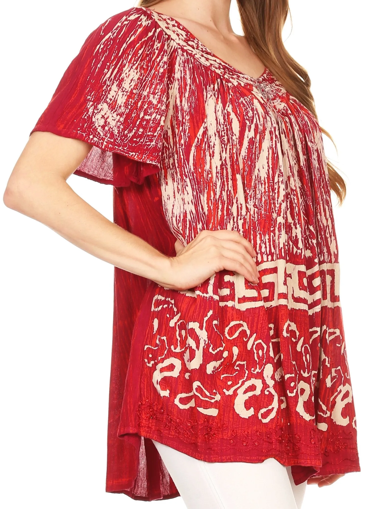 Sakkas Audry Flutter Sleeve V-Neck Batik Top with Sequins and Embroidery