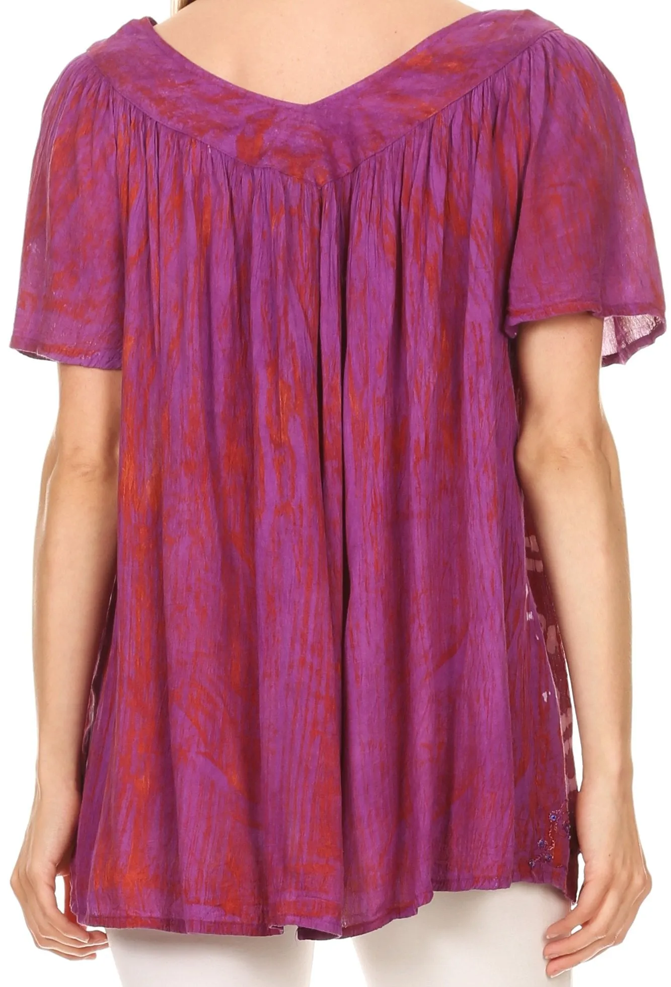 Sakkas Audry Flutter Sleeve V-Neck Batik Top with Sequins and Embroidery