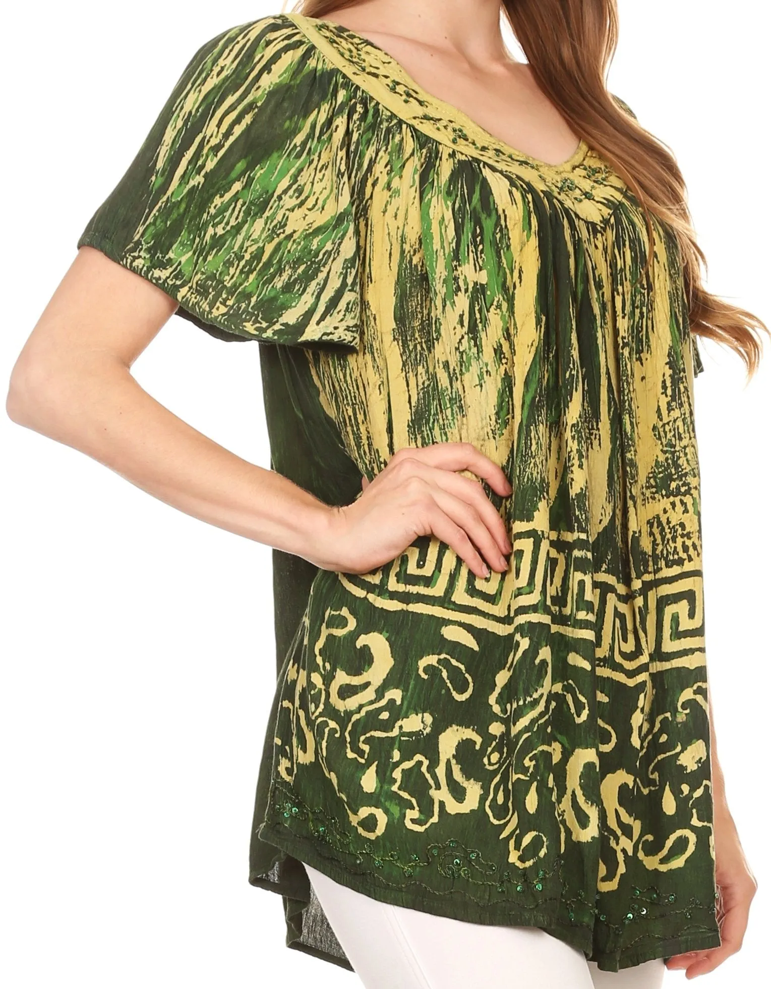 Sakkas Audry Flutter Sleeve V-Neck Batik Top with Sequins and Embroidery