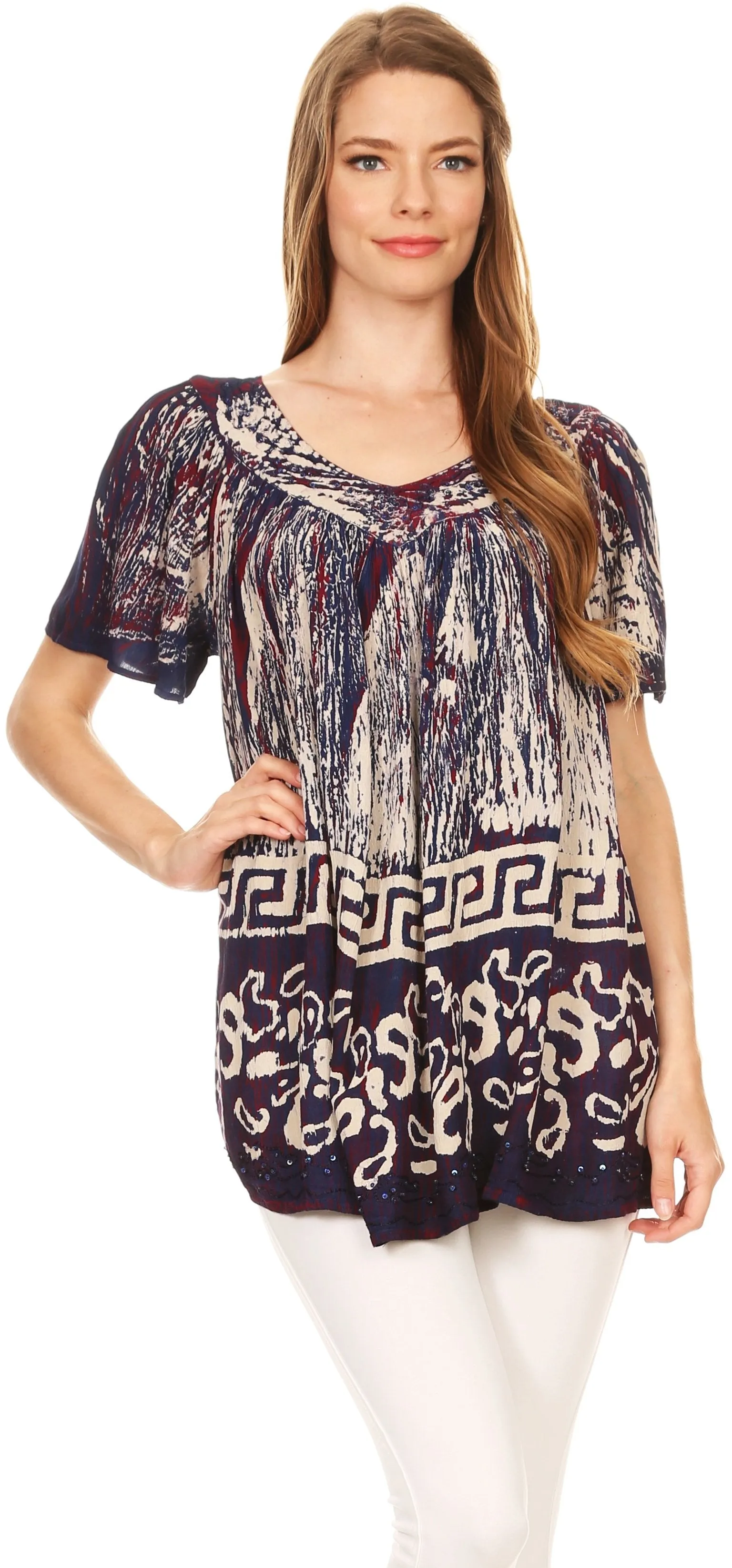 Sakkas Audry Flutter Sleeve V-Neck Batik Top with Sequins and Embroidery