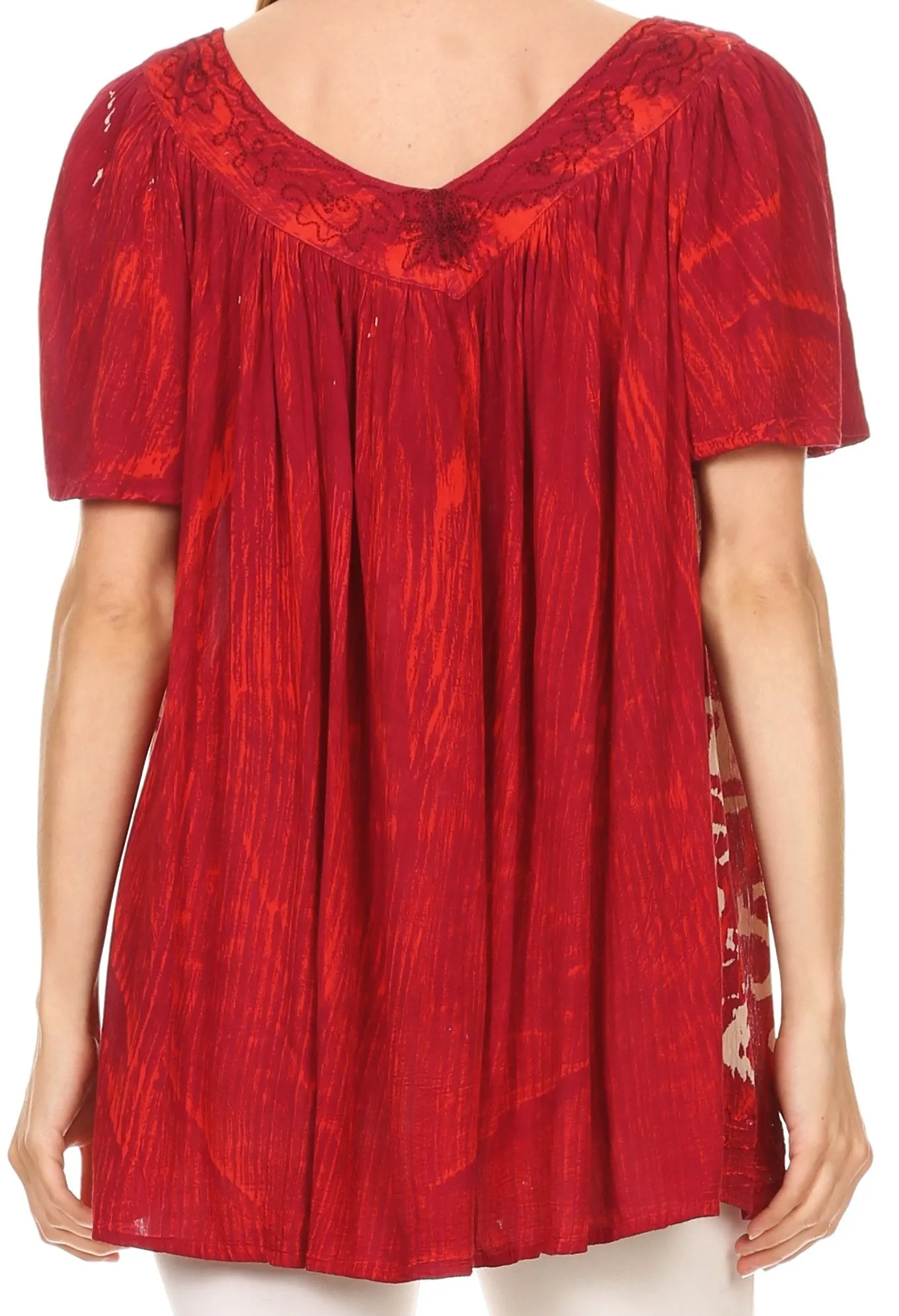 Sakkas Audry Flutter Sleeve V-Neck Batik Top with Sequins and Embroidery