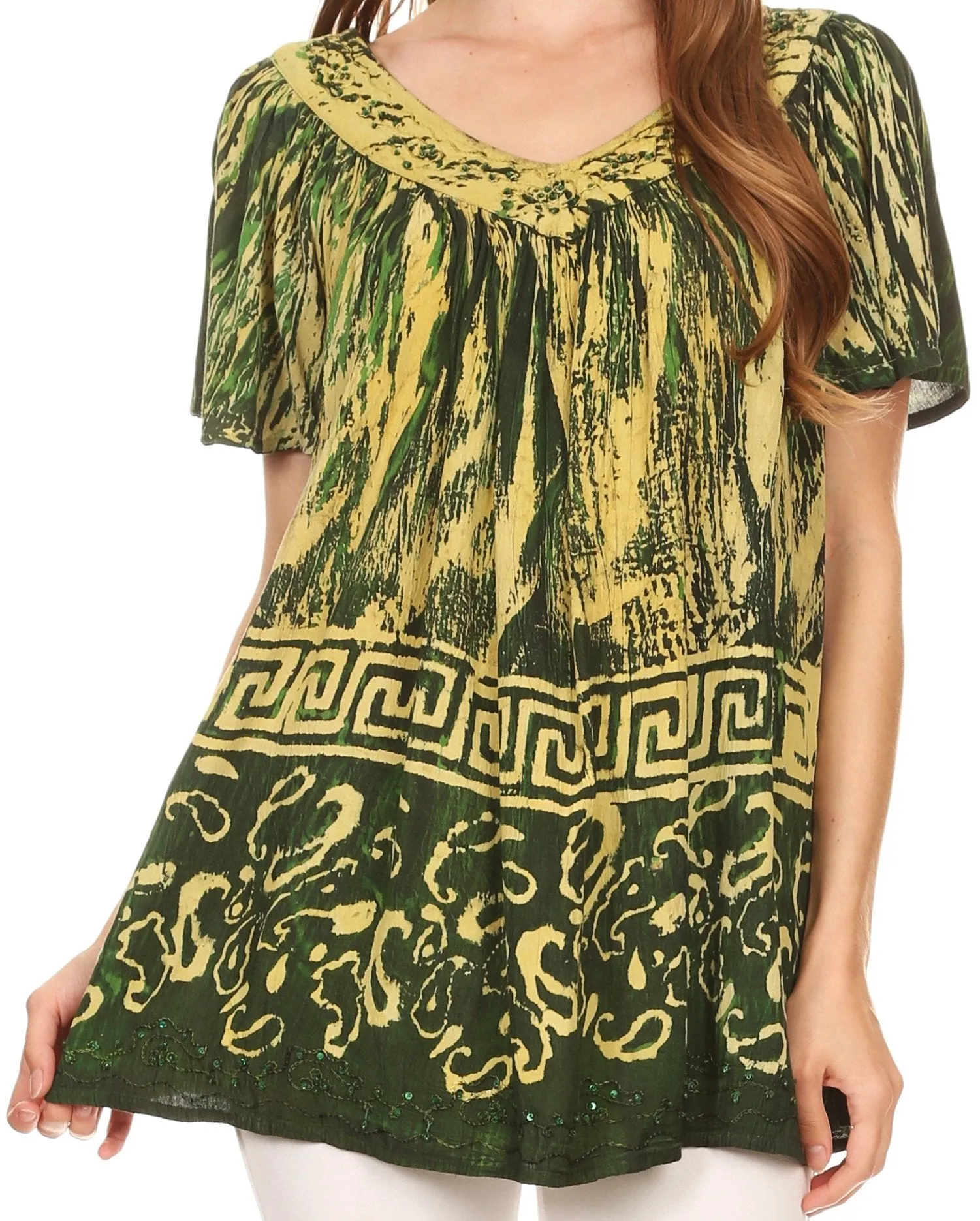 Sakkas Audry Flutter Sleeve V-Neck Batik Top with Sequins and Embroidery