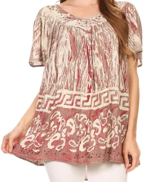 Sakkas Audry Flutter Sleeve V-Neck Batik Top with Sequins and Embroidery