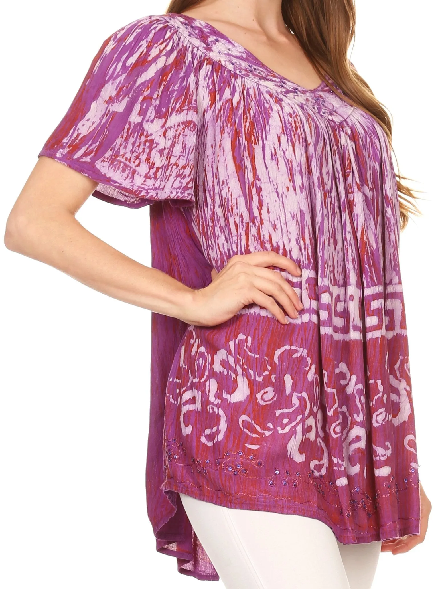 Sakkas Audry Flutter Sleeve V-Neck Batik Top with Sequins and Embroidery