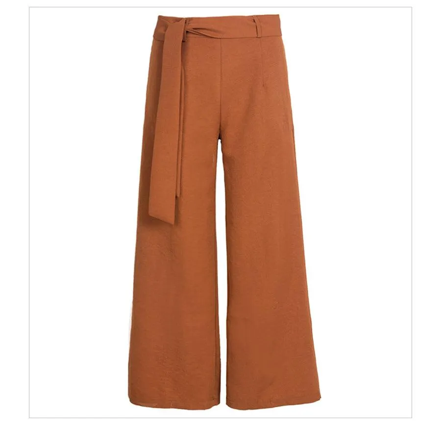 SASH BOW WIDE LEG ANKLE PANTS