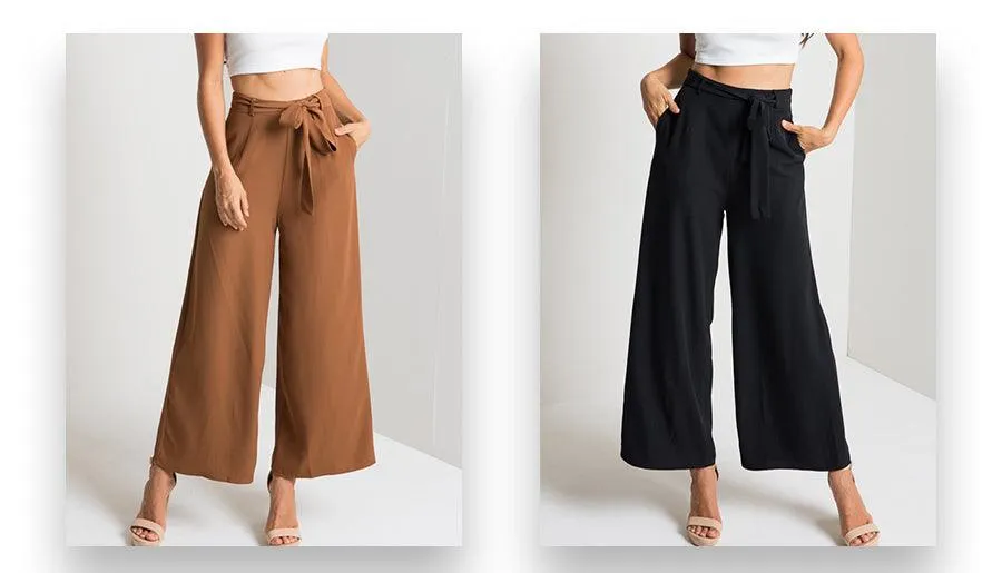 SASH BOW WIDE LEG ANKLE PANTS