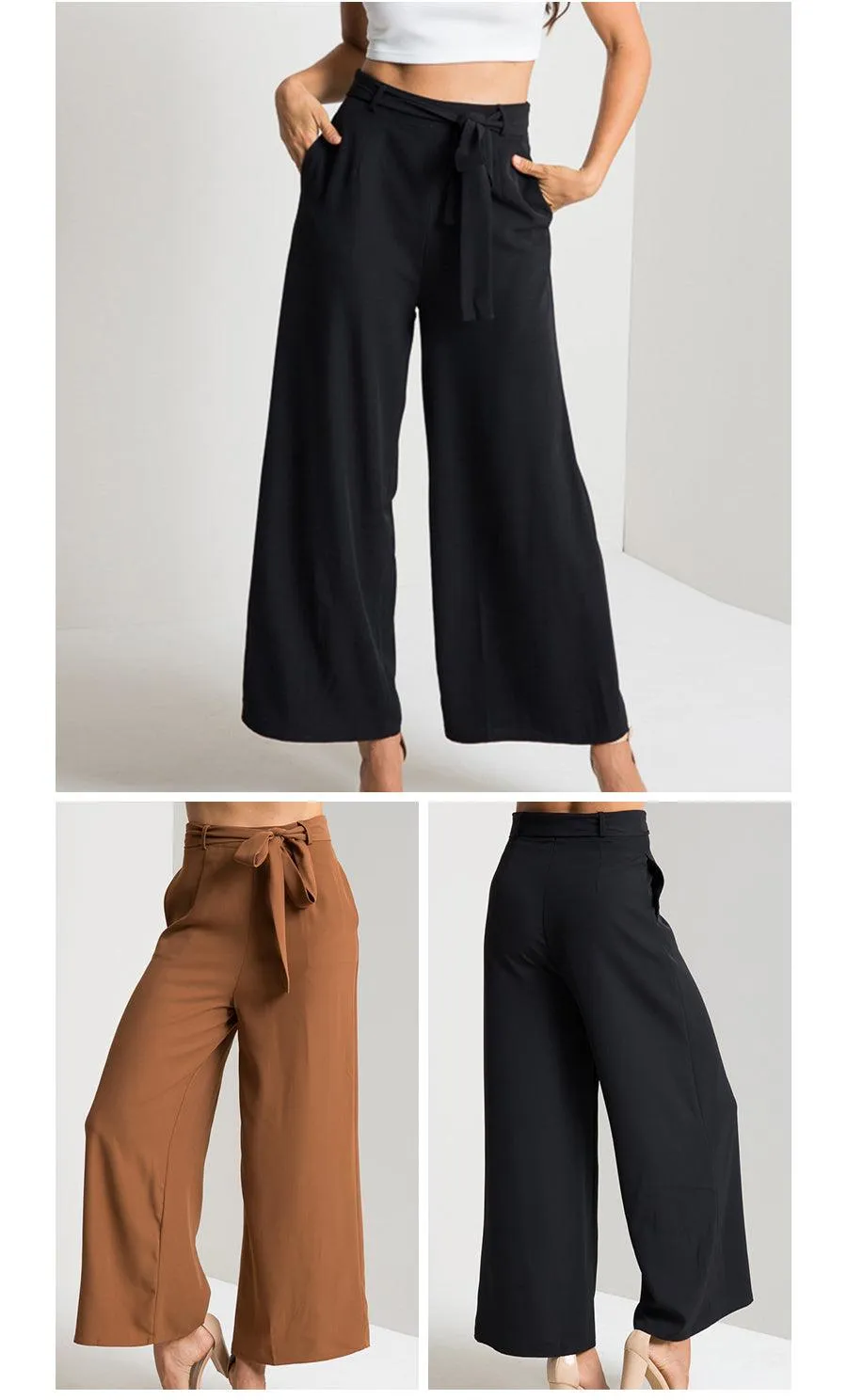 SASH BOW WIDE LEG ANKLE PANTS