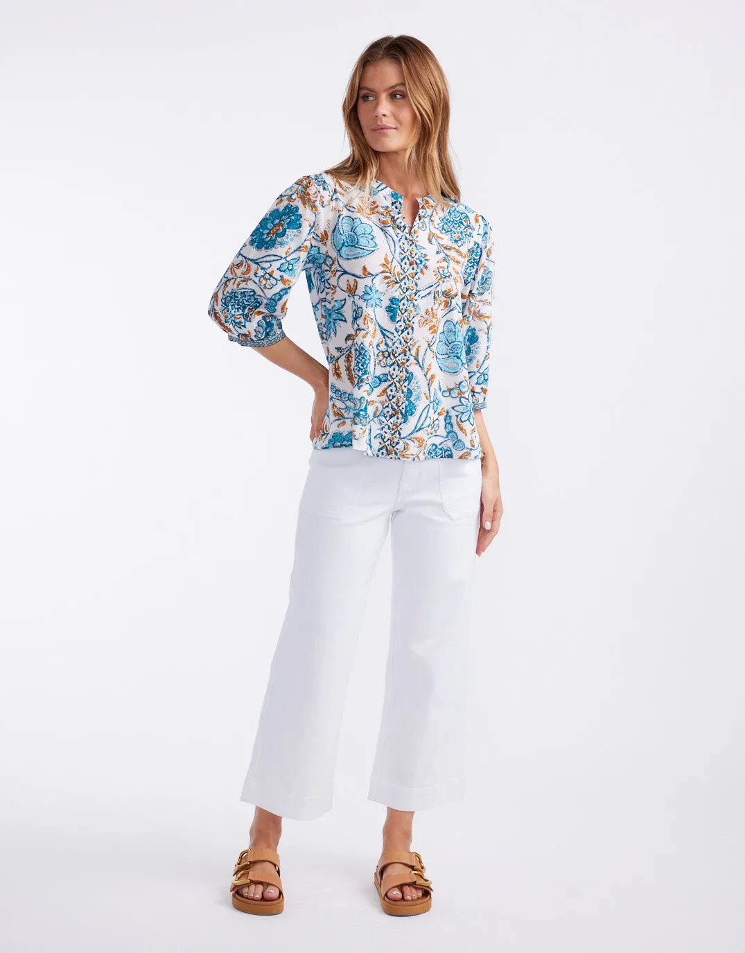 Scarlett Cotton Blouse - Blue/Gold