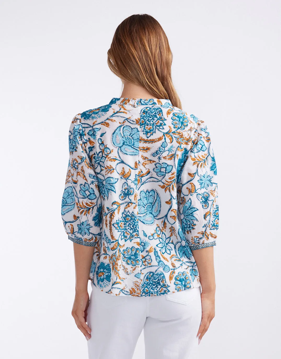 Scarlett Cotton Blouse - Blue/Gold