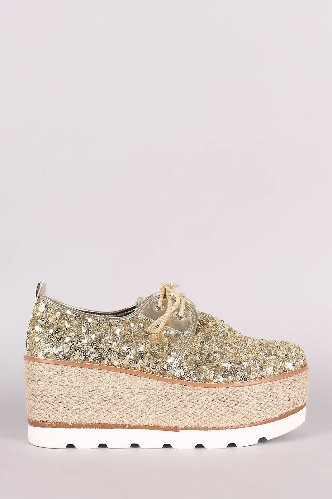 Sequined Lace Up Espadrille Oxford Flatform Wedge