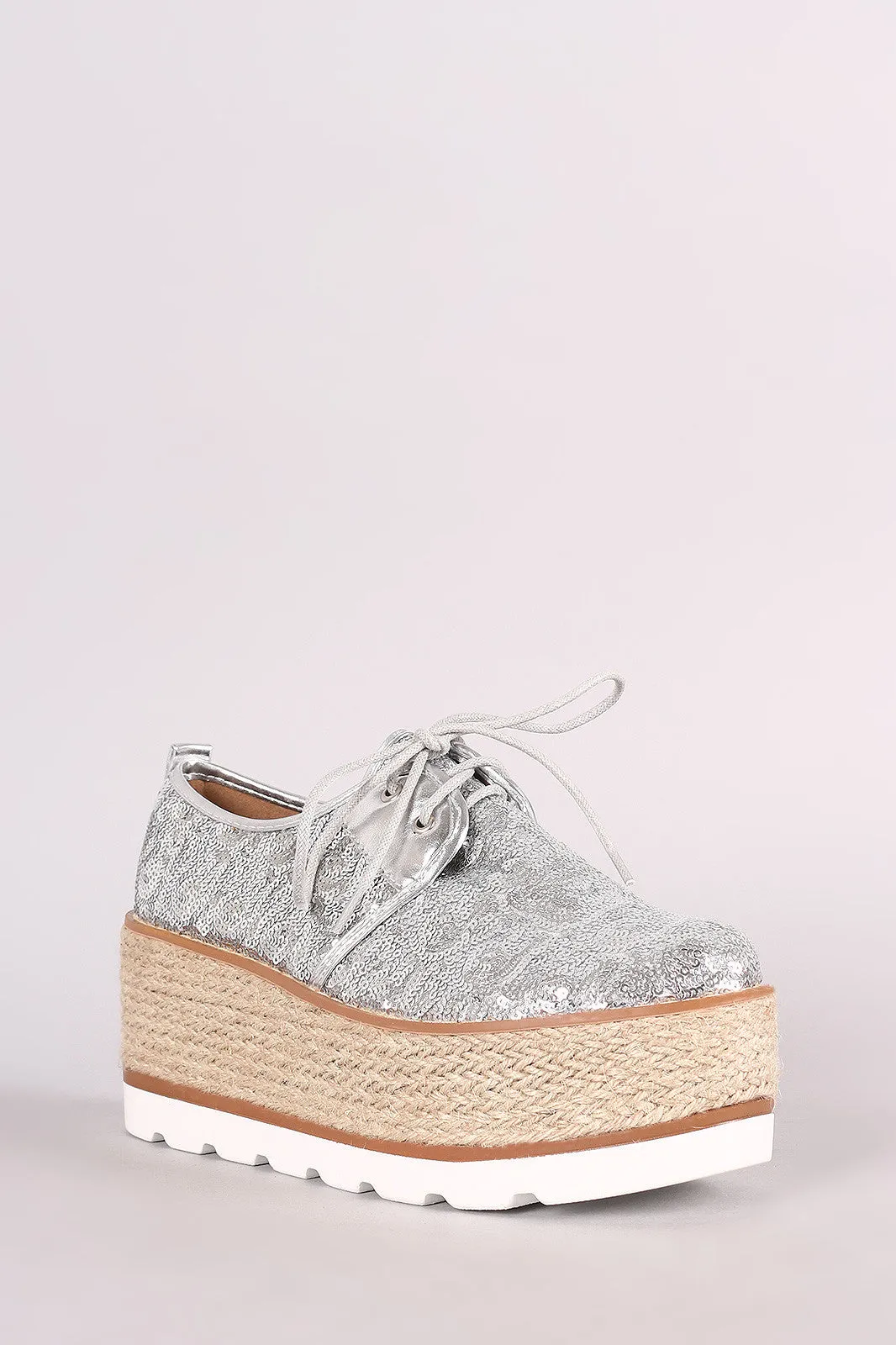 Sequined Lace Up Espadrille Oxford Flatform Wedge