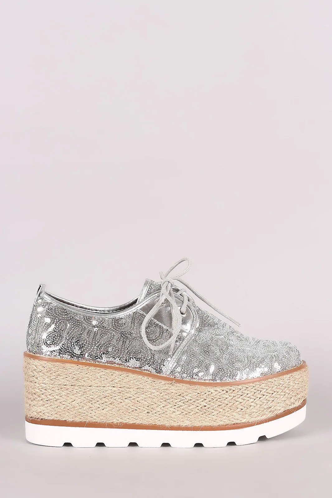 Sequined Lace Up Espadrille Oxford Flatform Wedge