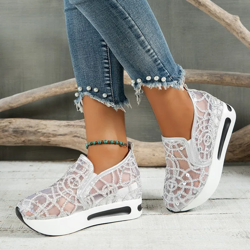 Sequins floral mesh slip on wedge sneakers