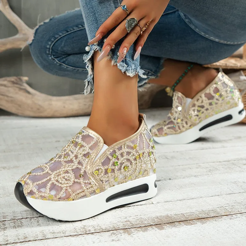 Sequins floral mesh slip on wedge sneakers