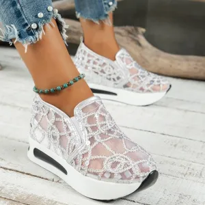 Sequins floral mesh slip on wedge sneakers