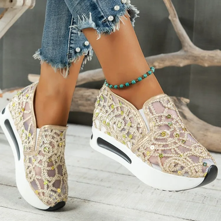 Sequins floral mesh slip on wedge sneakers