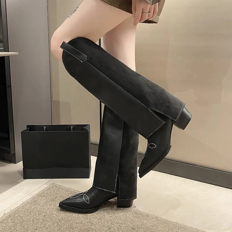 Sohiwoo Pointed Toe Black Knee High Boots Women Autumn Embroidery Thick Heels Long Boots Women Slip On Pu Leather Botas Mujer