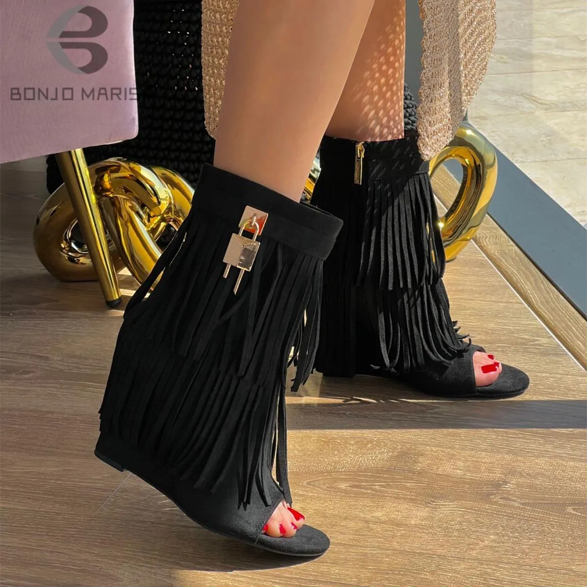 Summer Cowgirl Boots Tassle Peep Toe Summer Boots For Women Lock Decor Zipper Wedges Fringe