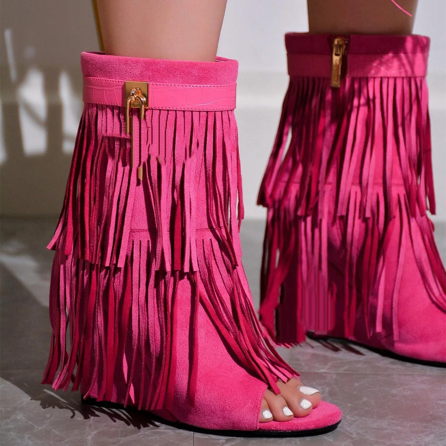 Summer Cowgirl Boots Tassle Peep Toe Summer Boots For Women Lock Decor Zipper Wedges Fringe