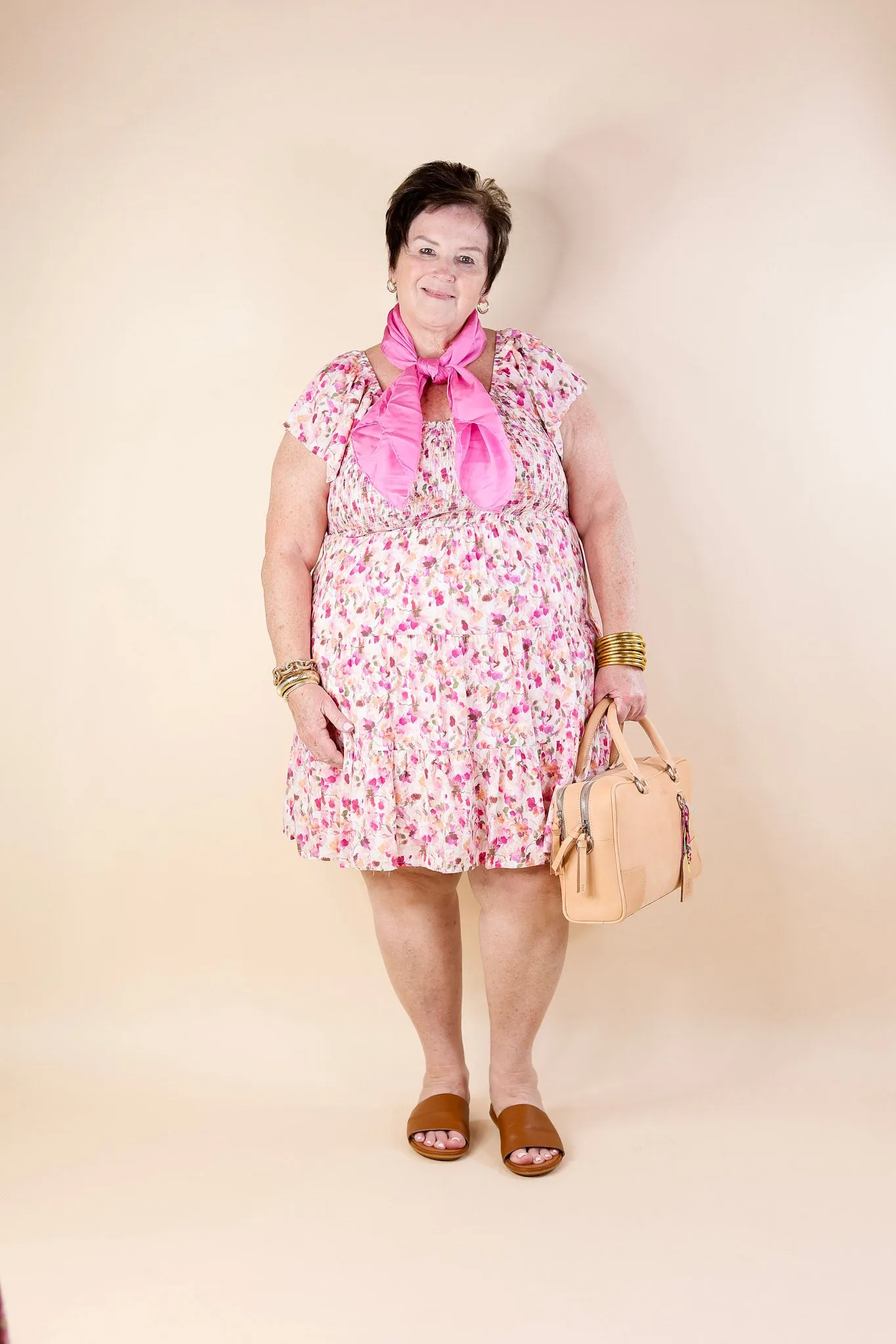 Sweet To Me Smocked Upper Floral Tiered Dress in Pink