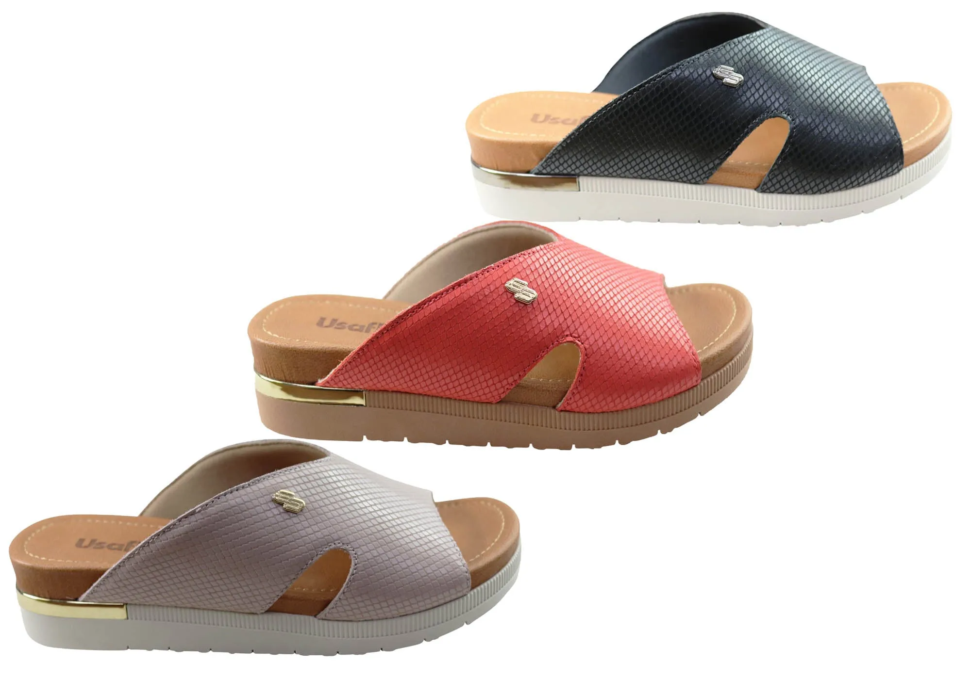 Usaflex Evoke Womens Comfort Leather Slides Sandals Made In Brazil