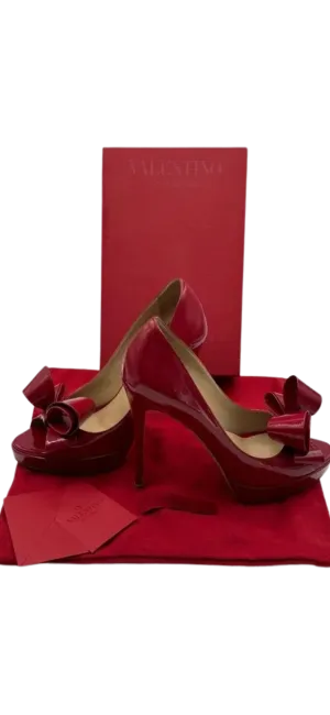 Valentino Patent Leather Peep Toe Bow Platform Heels