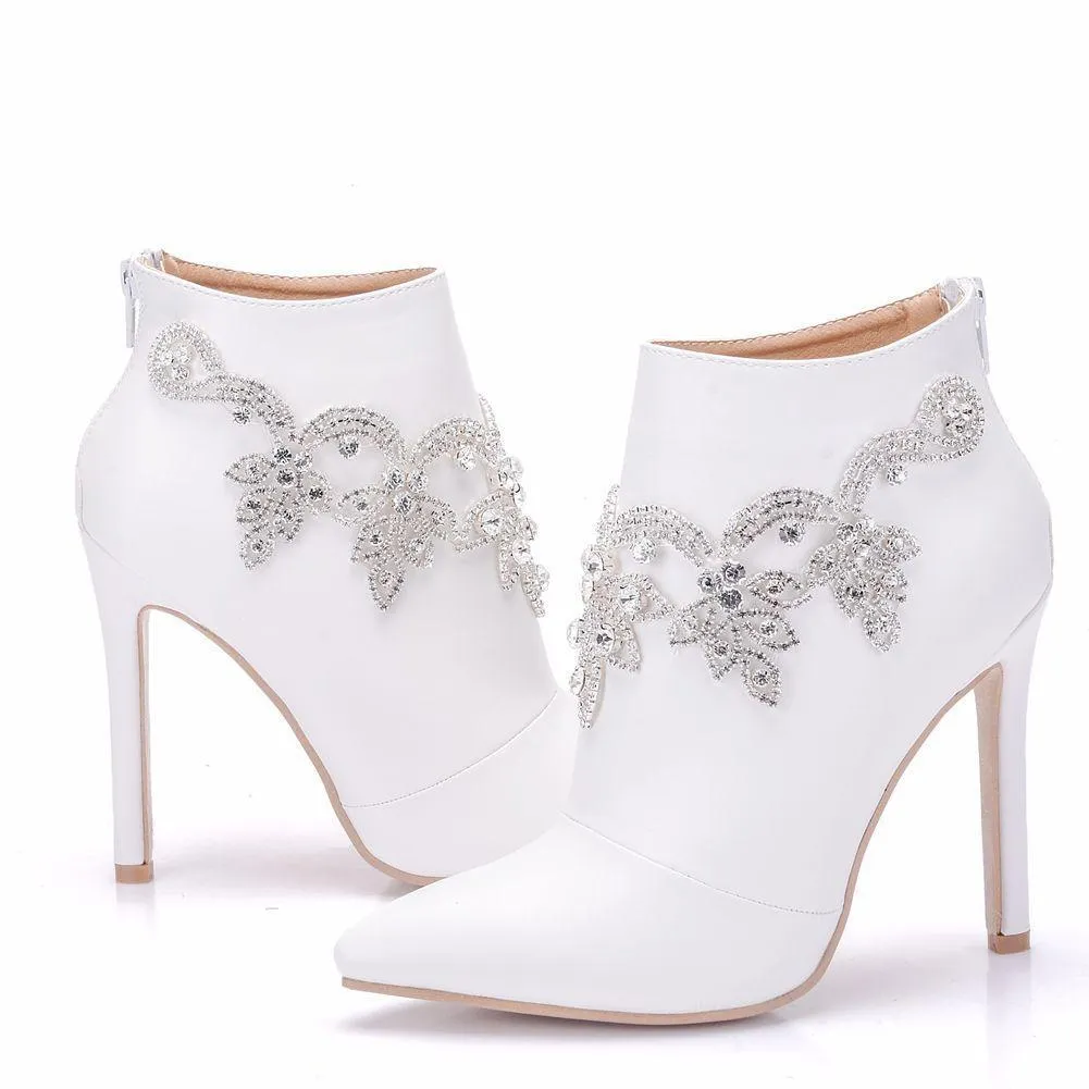 White stiletto heels wedding booties rhinestone décor pointed toe booties