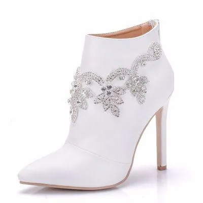 White stiletto heels wedding booties rhinestone décor pointed toe booties