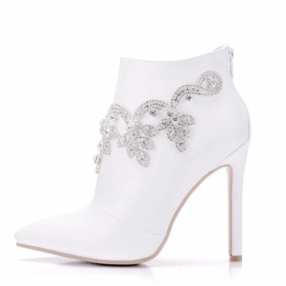 White stiletto heels wedding booties rhinestone décor pointed toe booties