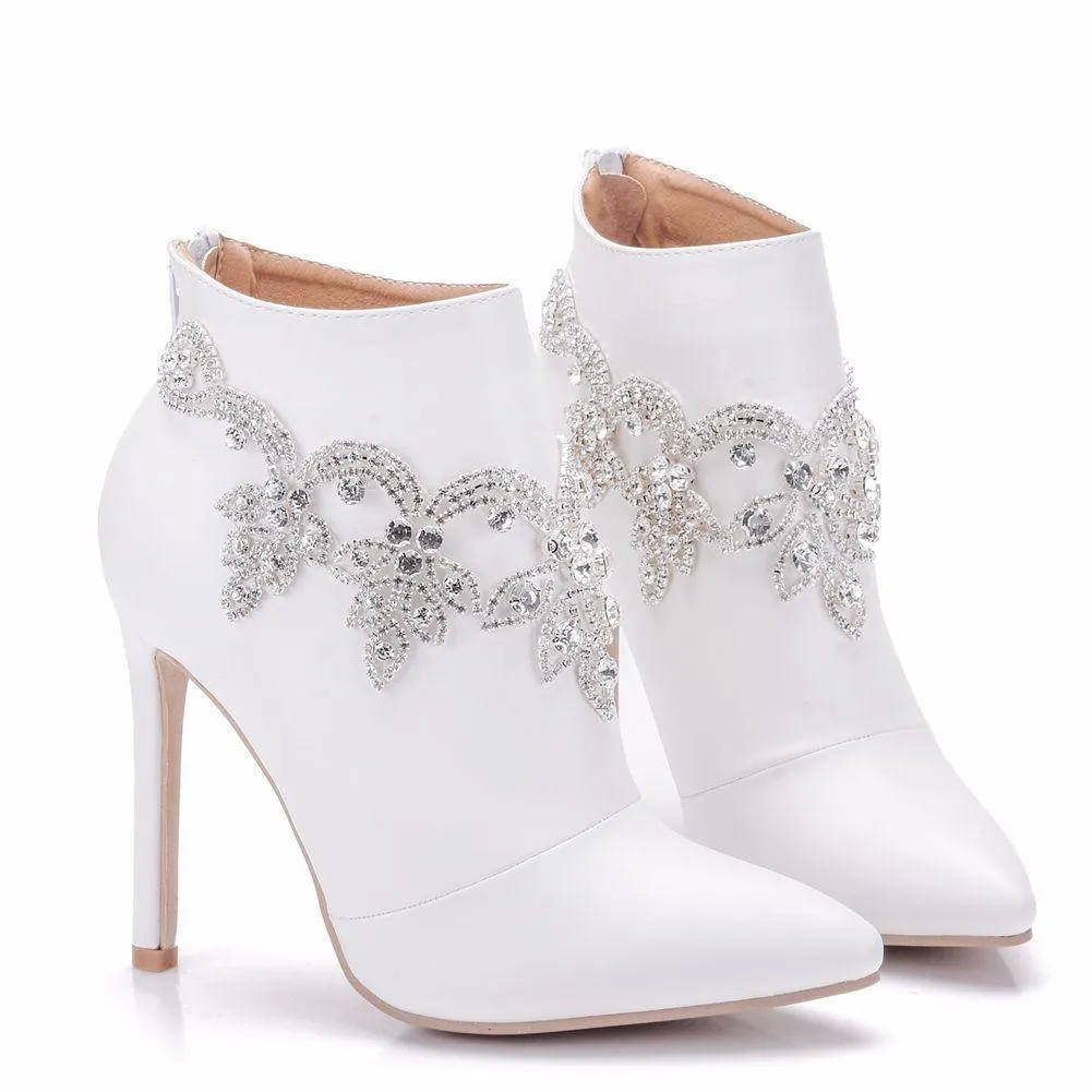 White stiletto heels wedding booties rhinestone décor pointed toe booties