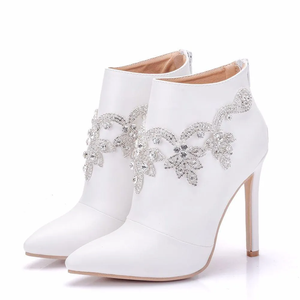 White stiletto heels wedding booties rhinestone décor pointed toe booties