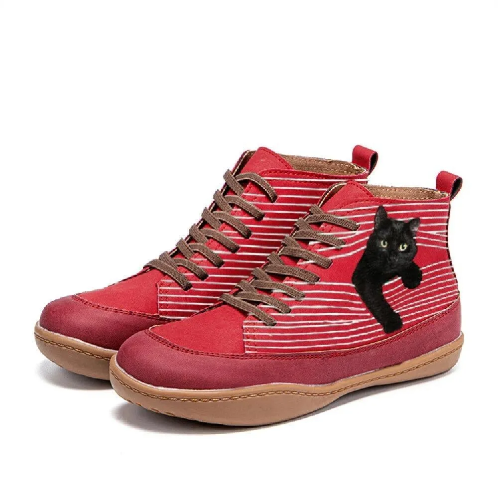 Women cat printed lace up comfortable flat boots