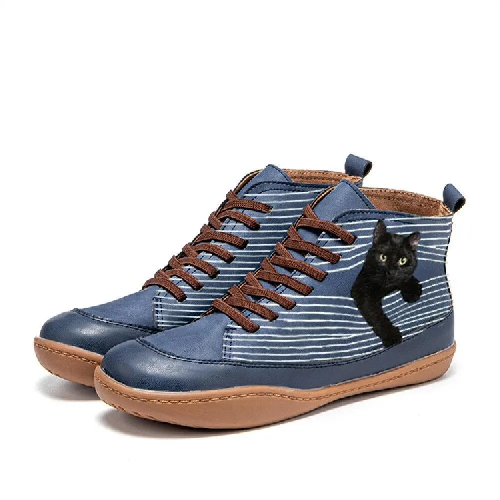 Women cat printed lace up comfortable flat boots