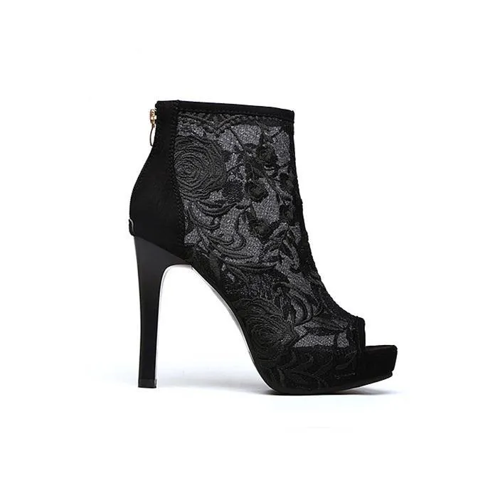 Women embroidered flower sexy peep toe stiletto high heel boots