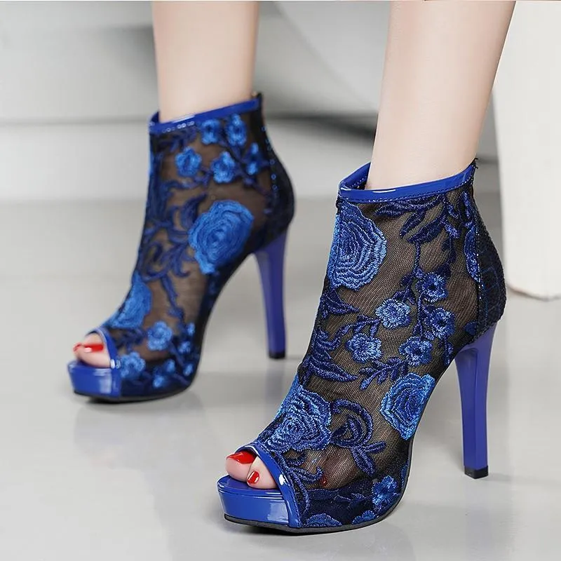 Women embroidered flower sexy peep toe stiletto high heel boots