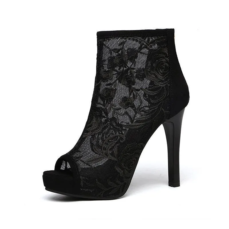 Women embroidered flower sexy peep toe stiletto high heel boots