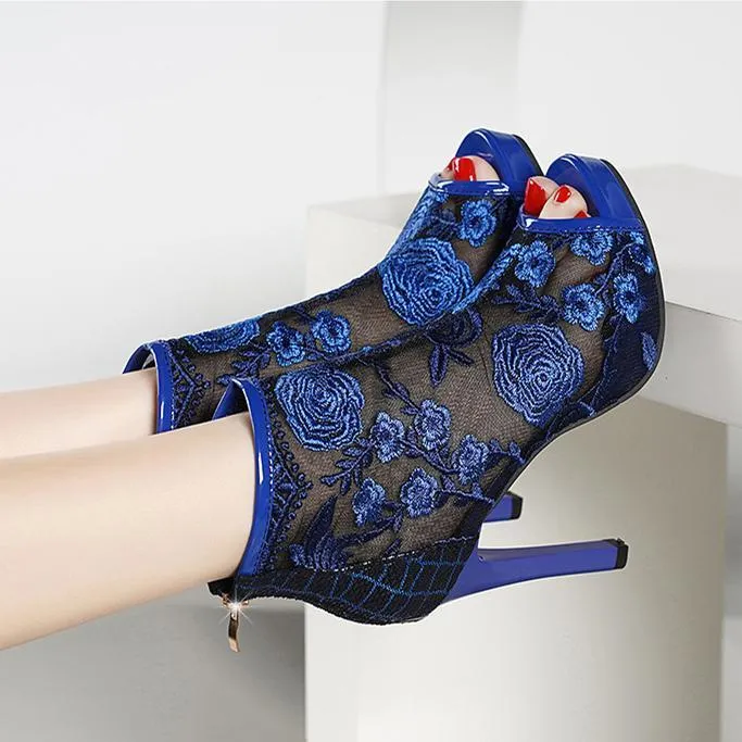 Women embroidered flower sexy peep toe stiletto high heel boots