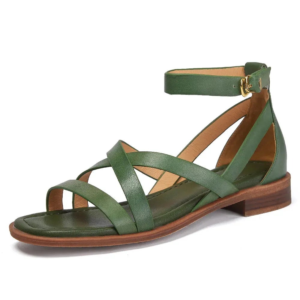 Women's Genuine Leather Ankle Strap Flat Sandals