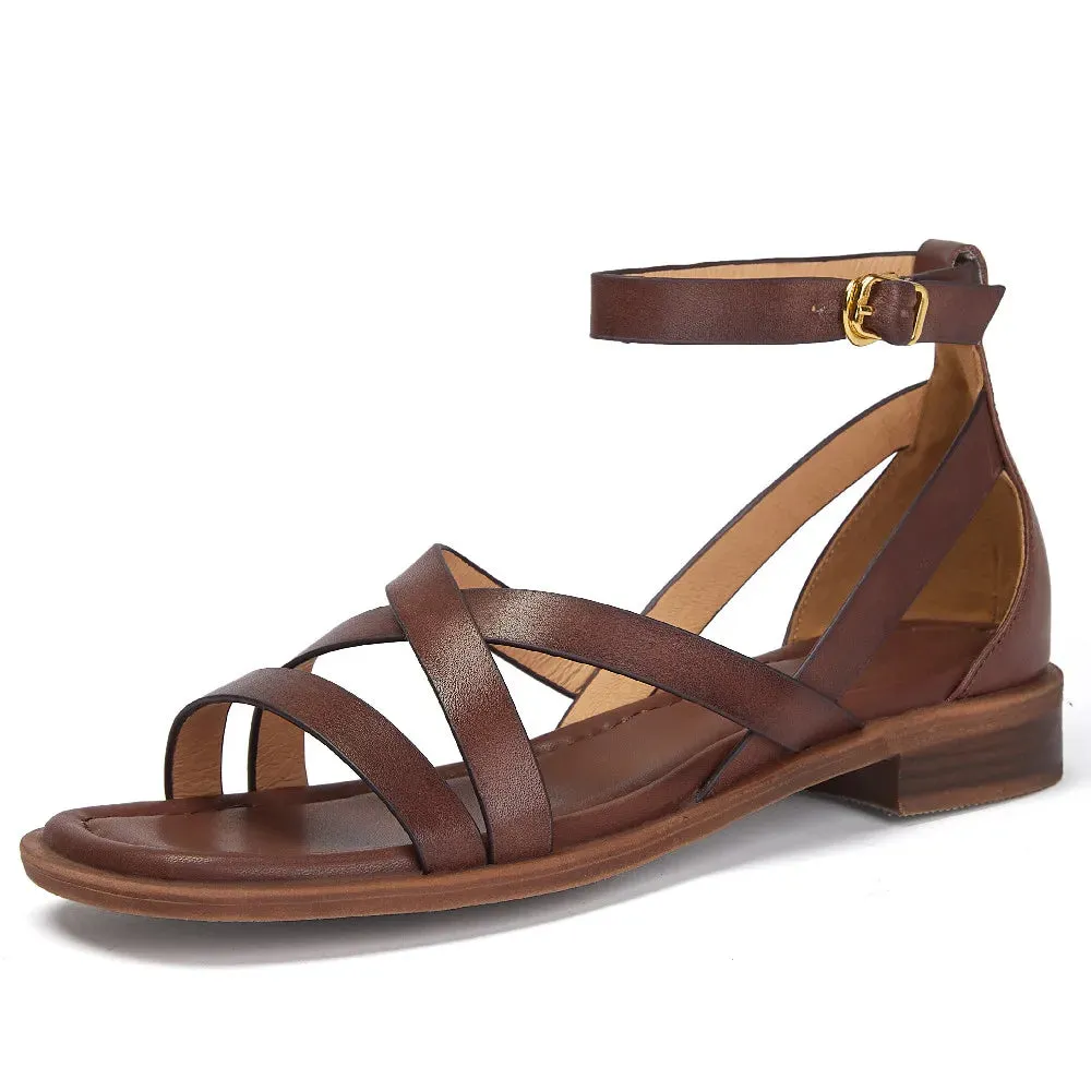 Women's Genuine Leather Ankle Strap Flat Sandals