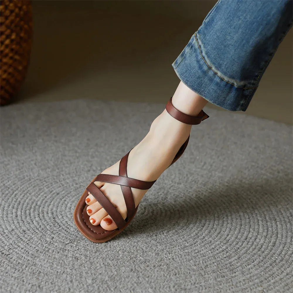 Women's Genuine Leather Ankle Strap Flat Sandals