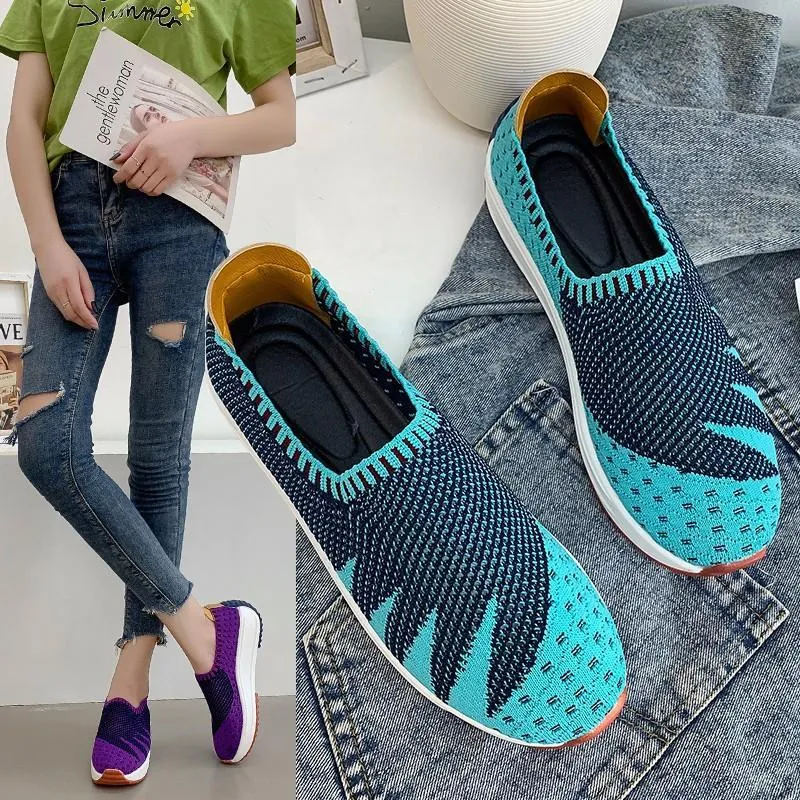 Women's lightweight breathable fly knit sneakers flat slip on comfort walking shoes