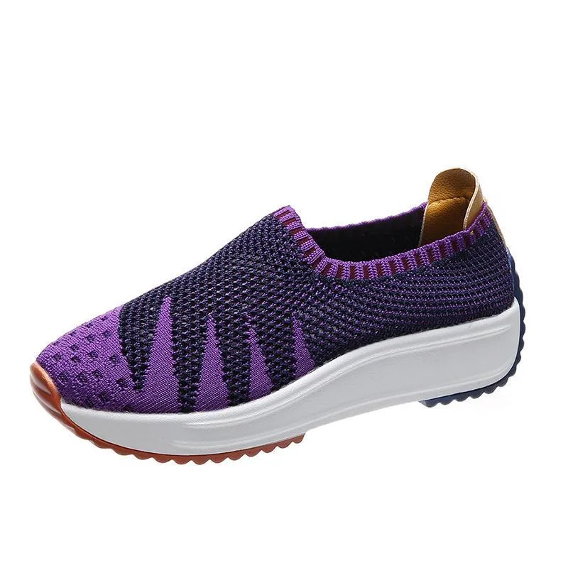 Women's lightweight breathable fly knit sneakers flat slip on comfort walking shoes