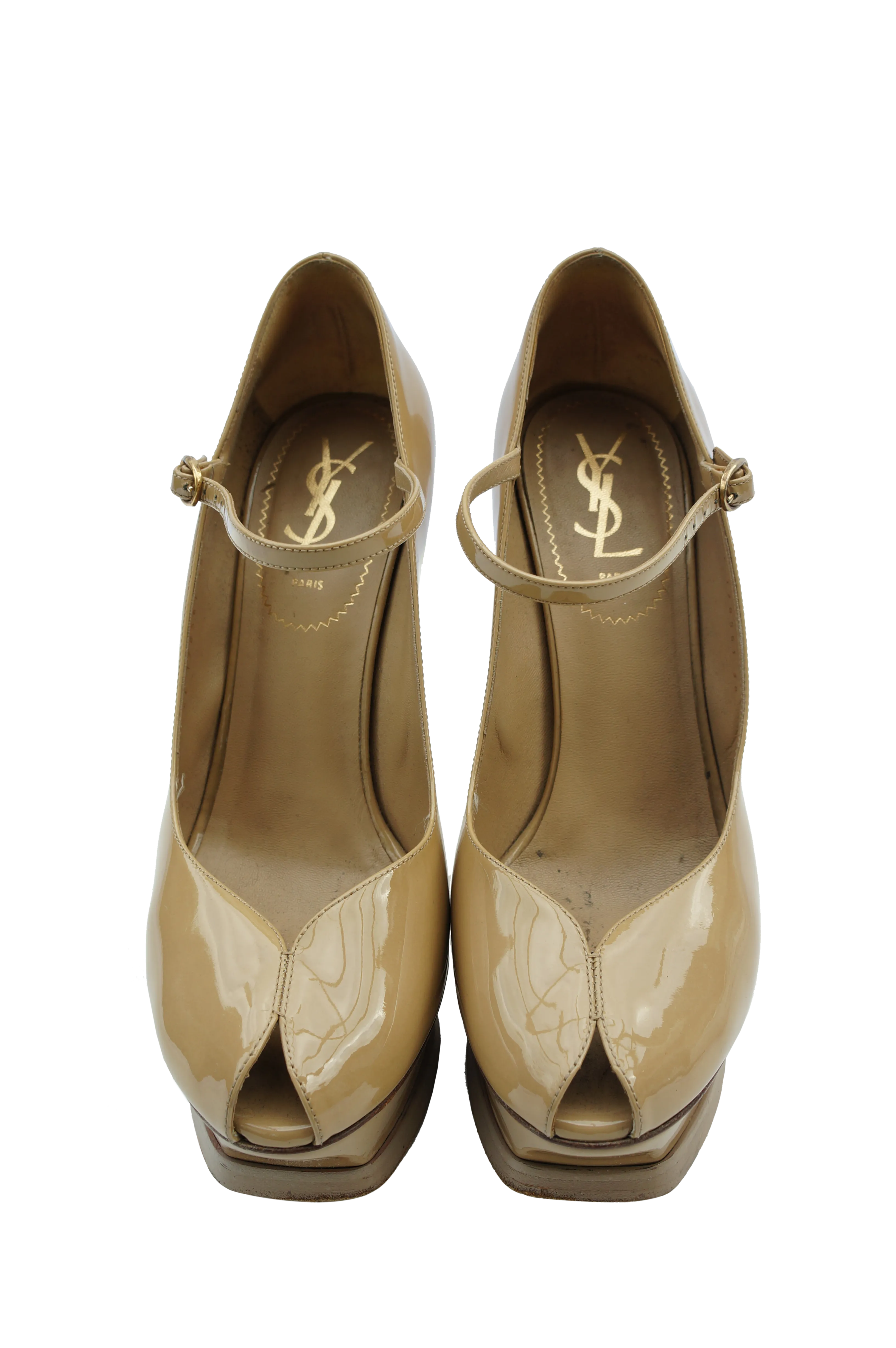 YVES SAINT LAURENT BEIGE PATENT LEATHER ANKLE STRAP PUMPS